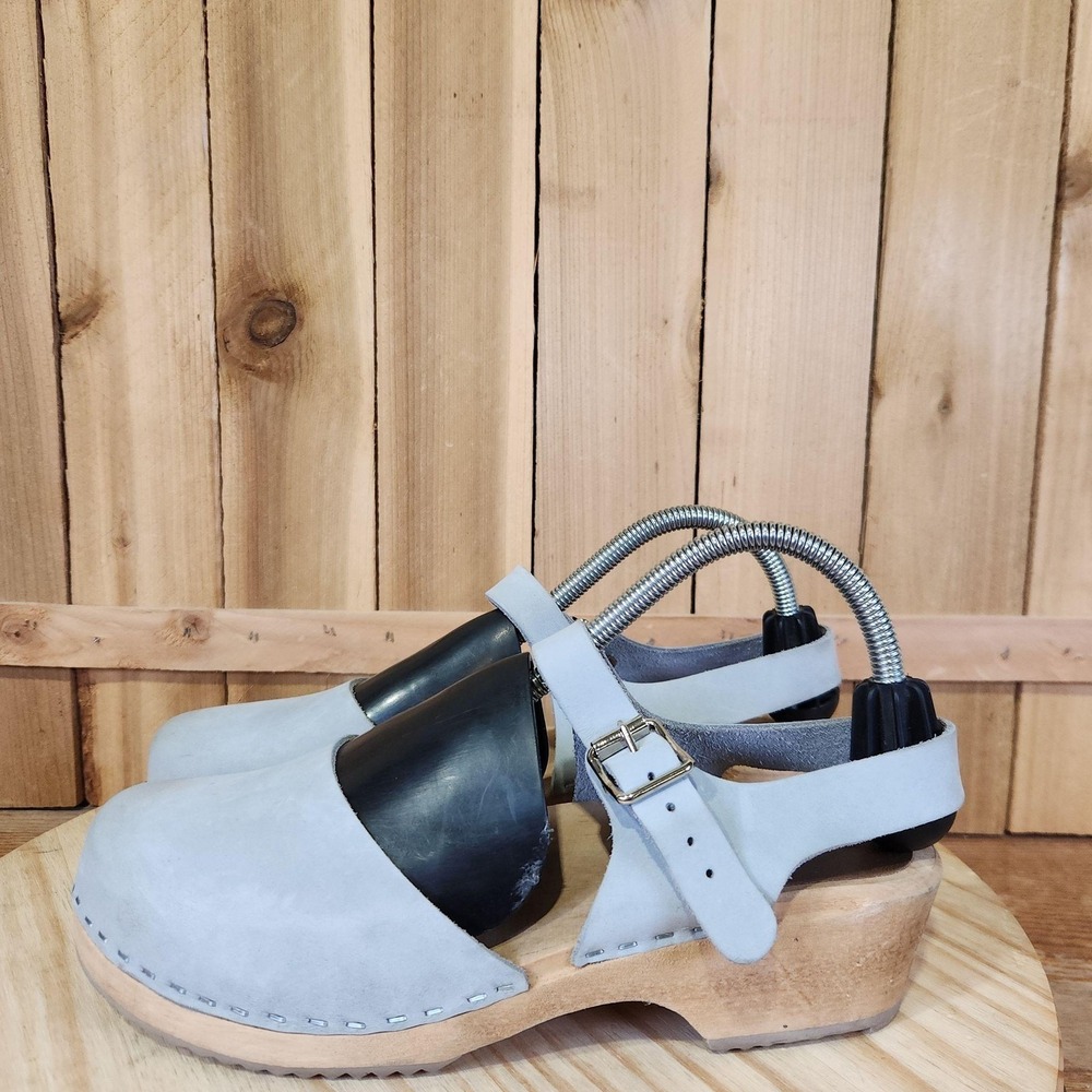 Mia Clogs Shoes Womens 9 40 EU Gray Leather Swedish Wooden Block Heel